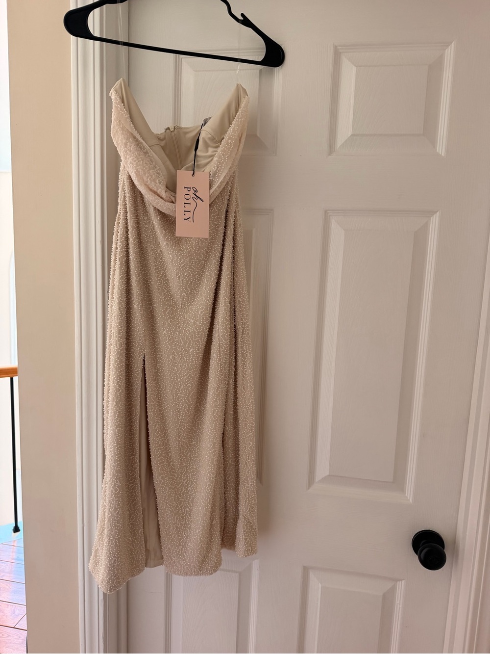 Oh Polly Cream Textured Cowl Neck Midi Dress with Front Slit